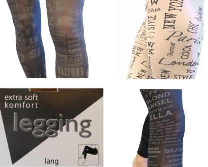 Legging met verschillende opschriften, 70 den. Maten S-M en L-XL. Per 3 stuks.